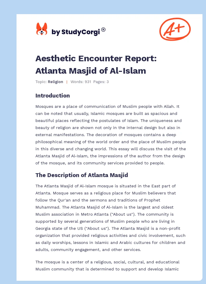 Aesthetic Encounter Report: Atlanta Masjid of Al-Islam. Page 1