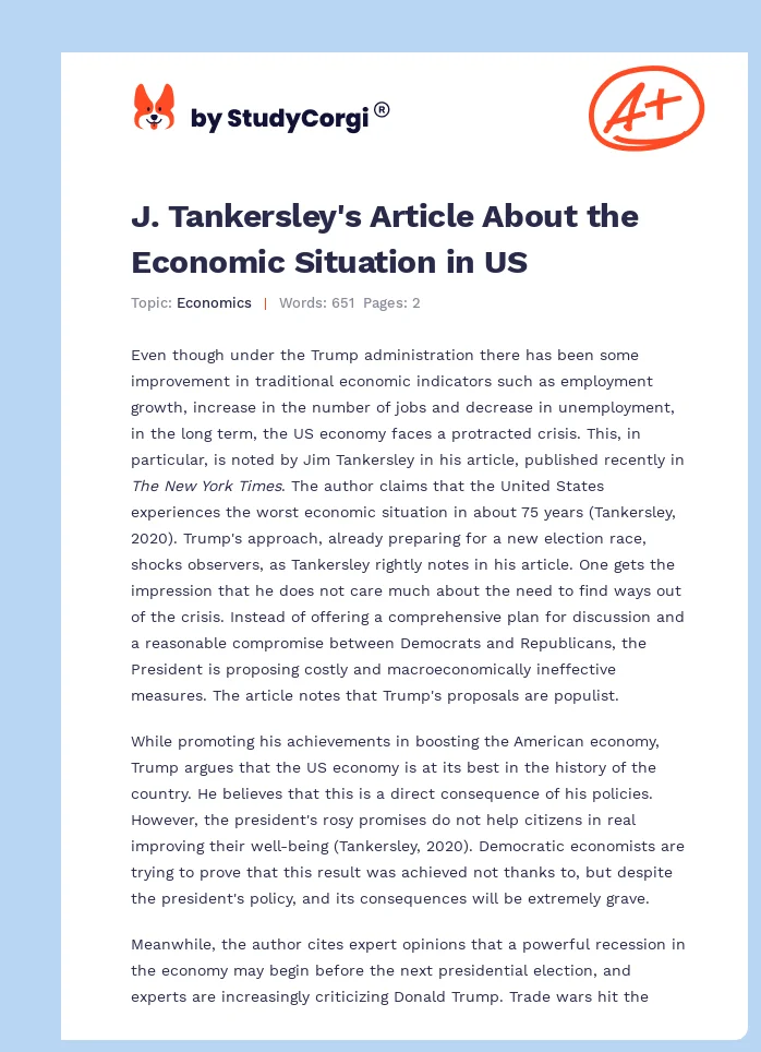 J. Tankersley's Article About the Economic Situation in US. Page 1