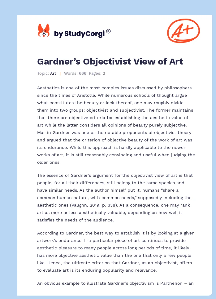 Gardner’s Objectivist View of Art. Page 1