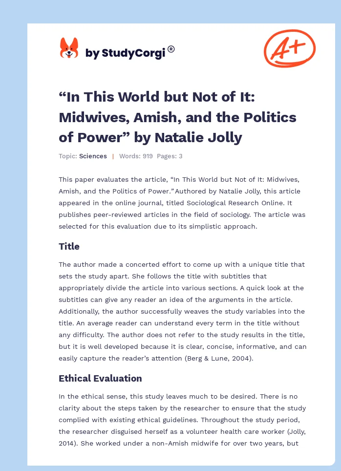 “In This World but Not of It: Midwives, Amish, and the Politics of Power” by Natalie Jolly. Page 1