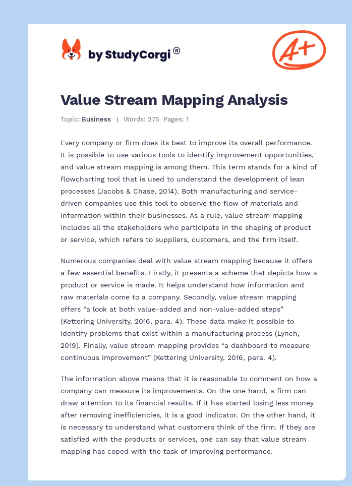 Value Stream Mapping Analysis. Page 1