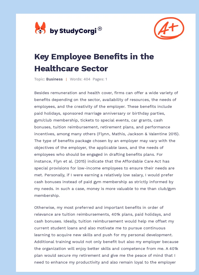 Key Employee Benefits in the Healthcare Sector. Page 1