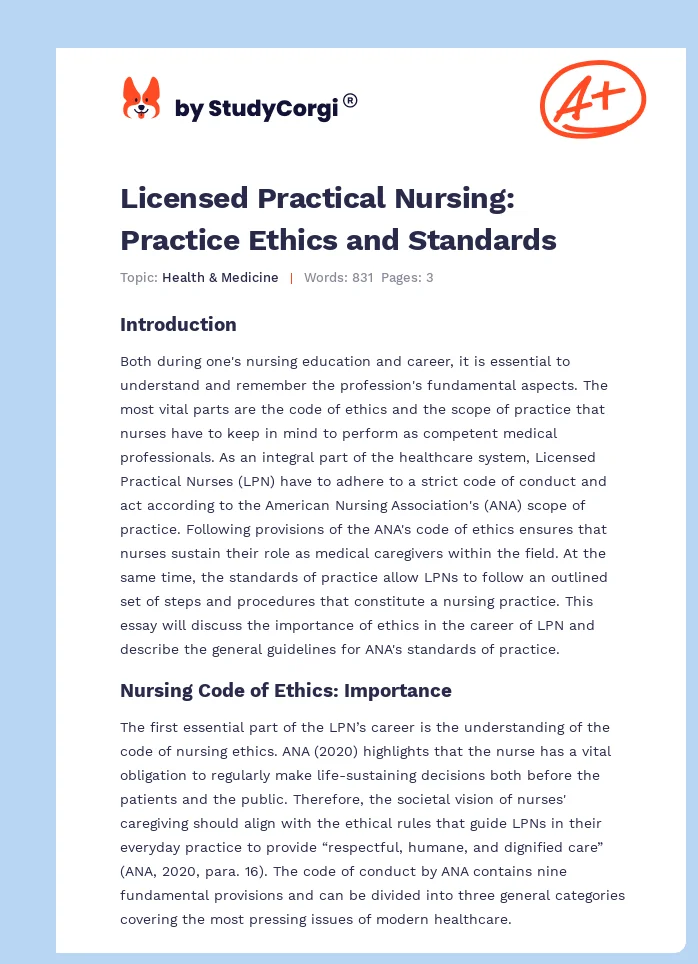 Licensed Practical Nursing: Practice Ethics and Standards. Page 1