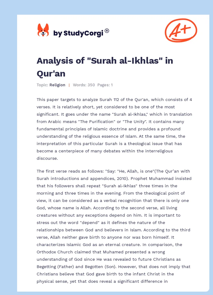Analysis of "Surah al-Ikhlas" in Qur'an. Page 1