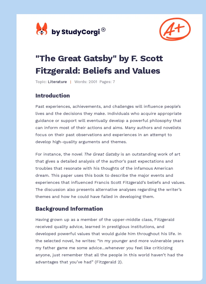 "The Great Gatsby" by F. Scott Fitzgerald: Beliefs and Values. Page 1