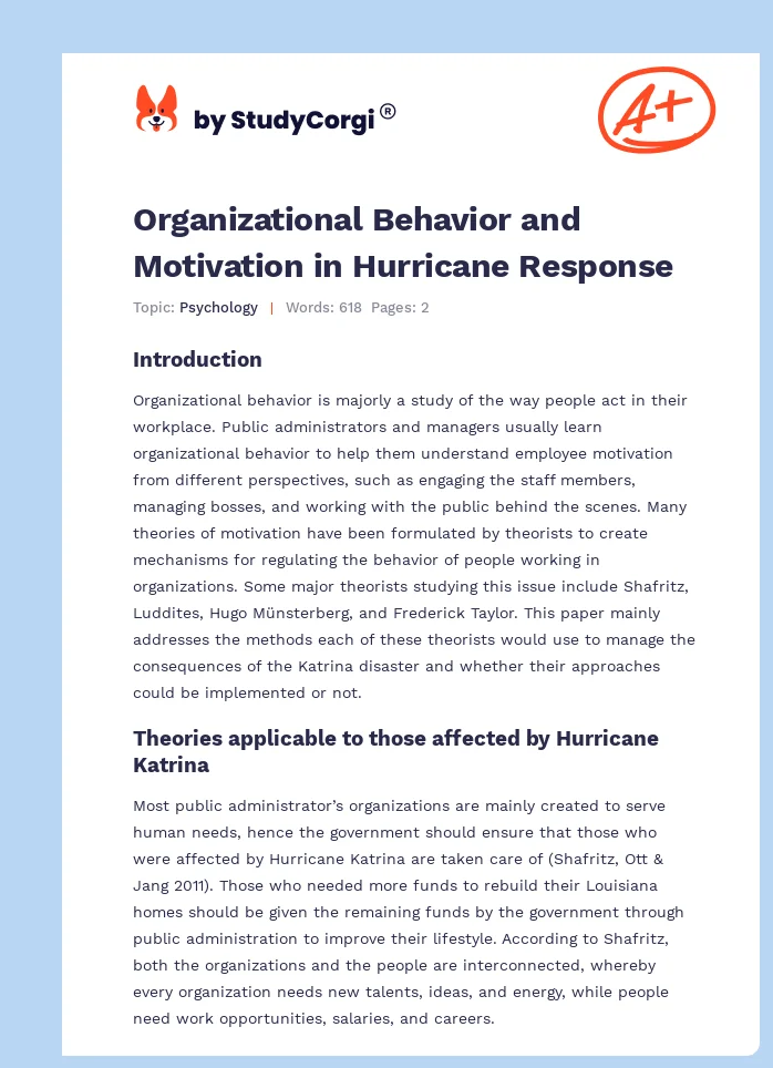 Organizational Behavior and Motivation in Hurricane Response. Page 1