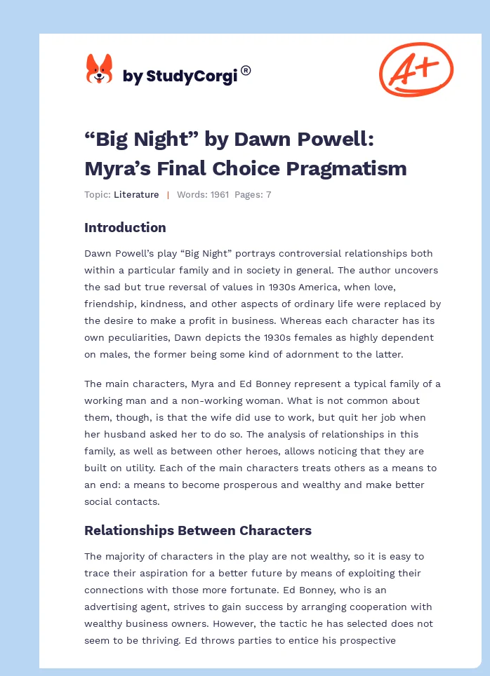 “Big Night” by Dawn Powell: Myra’s Final Choice Pragmatism. Page 1
