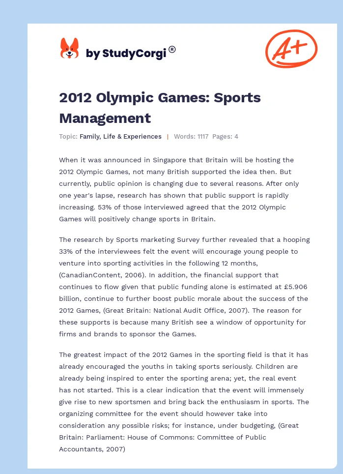 2012 Olympic Games: Sports Management. Page 1