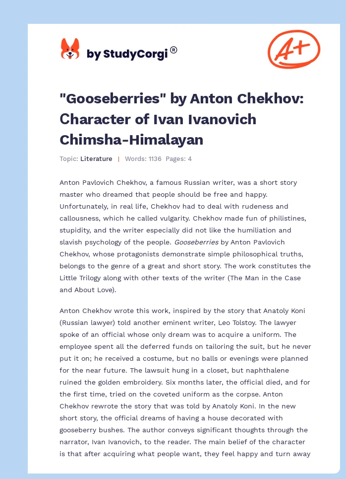 "Gooseberries" by Anton Chekhov: Сharacter of Ivan Ivanovich Chimsha-Himalayan. Page 1