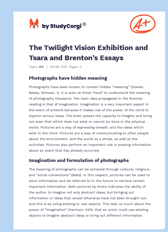 The Twilight Vision Exhibition and Tsara and Brenton’s Essays. Page 1