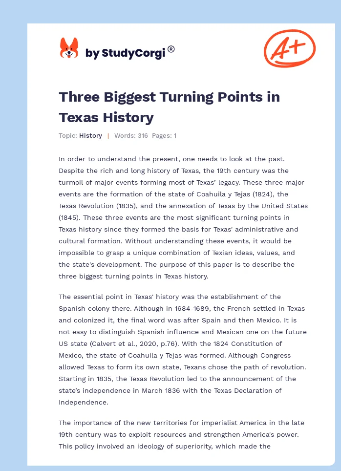 Three Biggest Turning Points in Texas History. Page 1