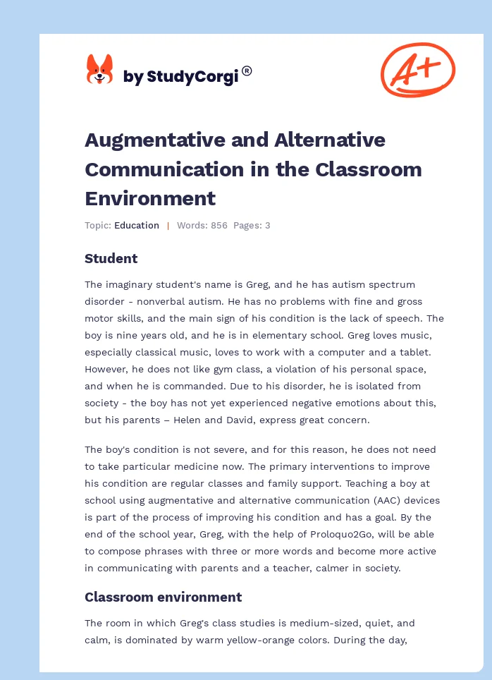Augmentative and Alternative Communication in the Classroom Environment. Page 1