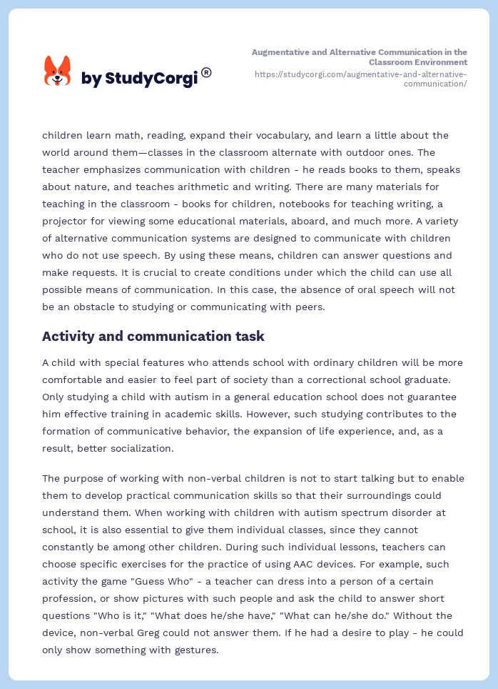 Augmentative and Alternative Communication in the Classroom Environment. Page 2