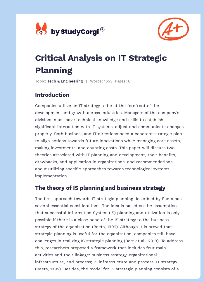 Critical Analysis on IT Strategic Planning. Page 1