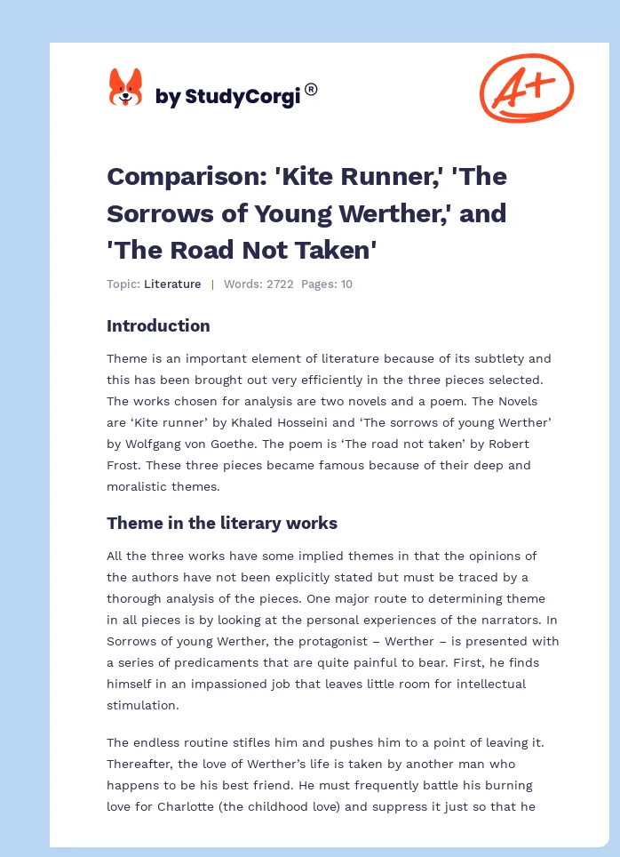 Comparison: 'Kite Runner,' 'The Sorrows of Young Werther,' and 'The Road Not Taken'. Page 1