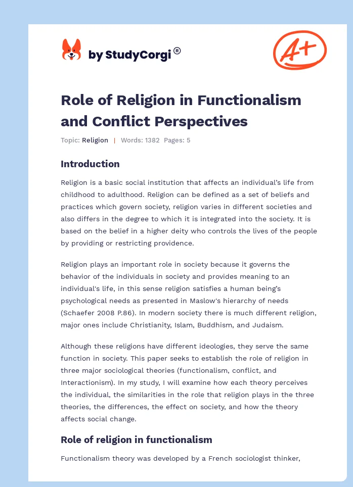 Role of Religion in Functionalism and Conflict Perspectives. Page 1