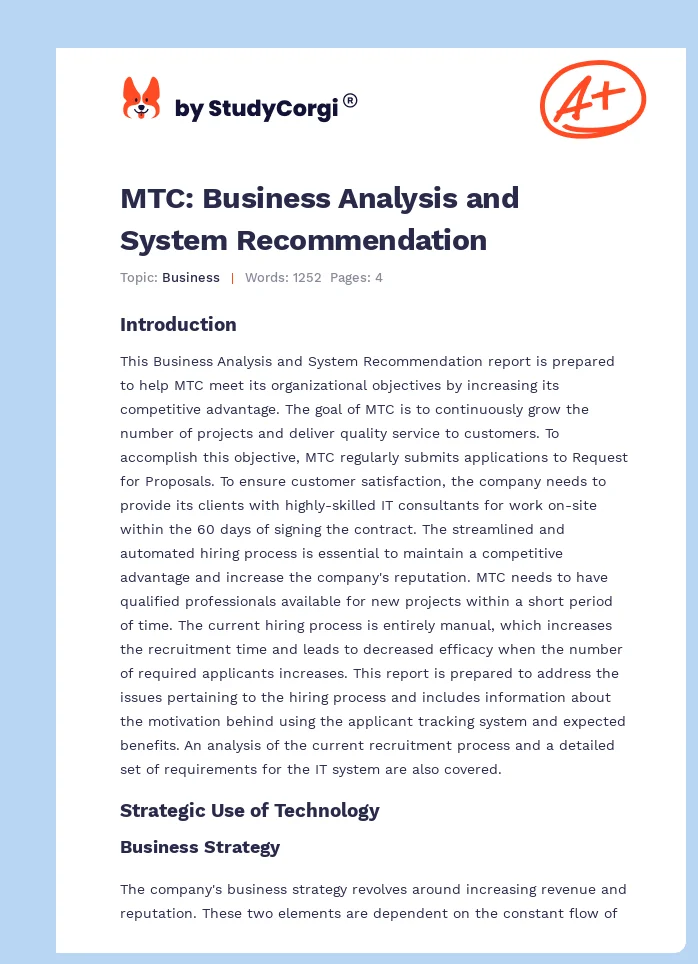 MTC: Business Analysis and System Recommendation. Page 1