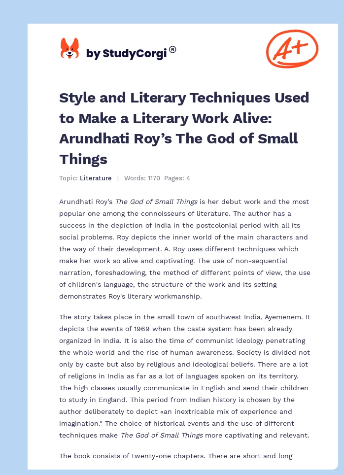 Style and Literary Techniques Used to Make a Literary Work Alive: Arundhati Roy’s The God of Small Things. Page 1