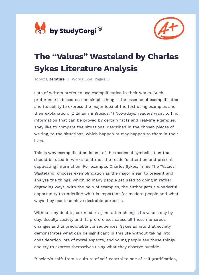 The “Values” Wasteland by Charles Sykes Literature Analysis. Page 1