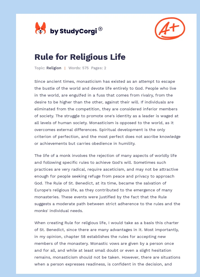 Rule for Religious Life. Page 1