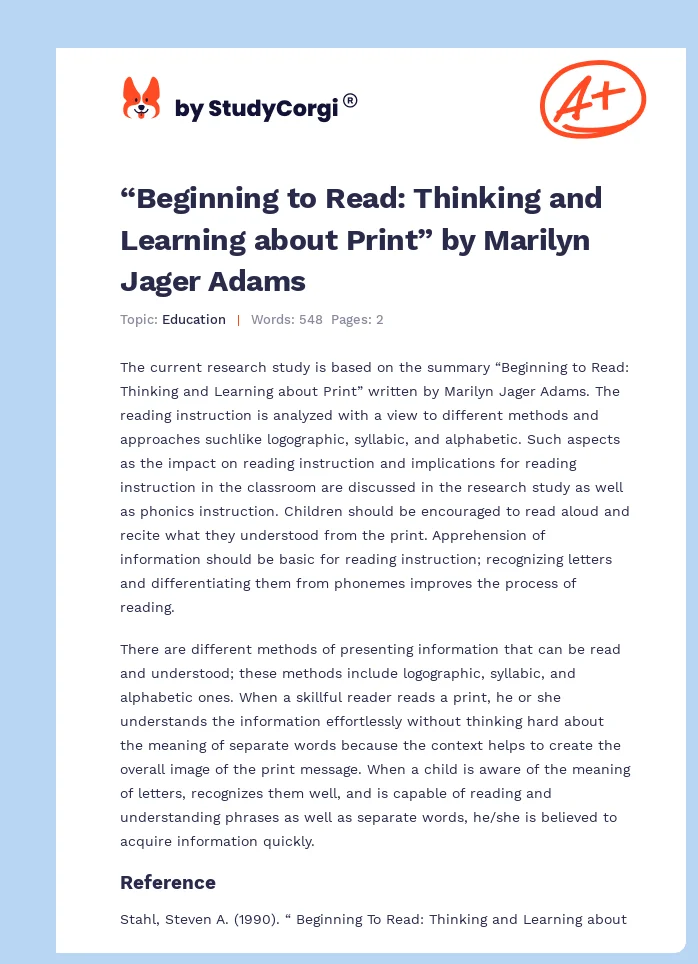 “Beginning to Read: Thinking and Learning about Print” by Marilyn Jager Adams. Page 1