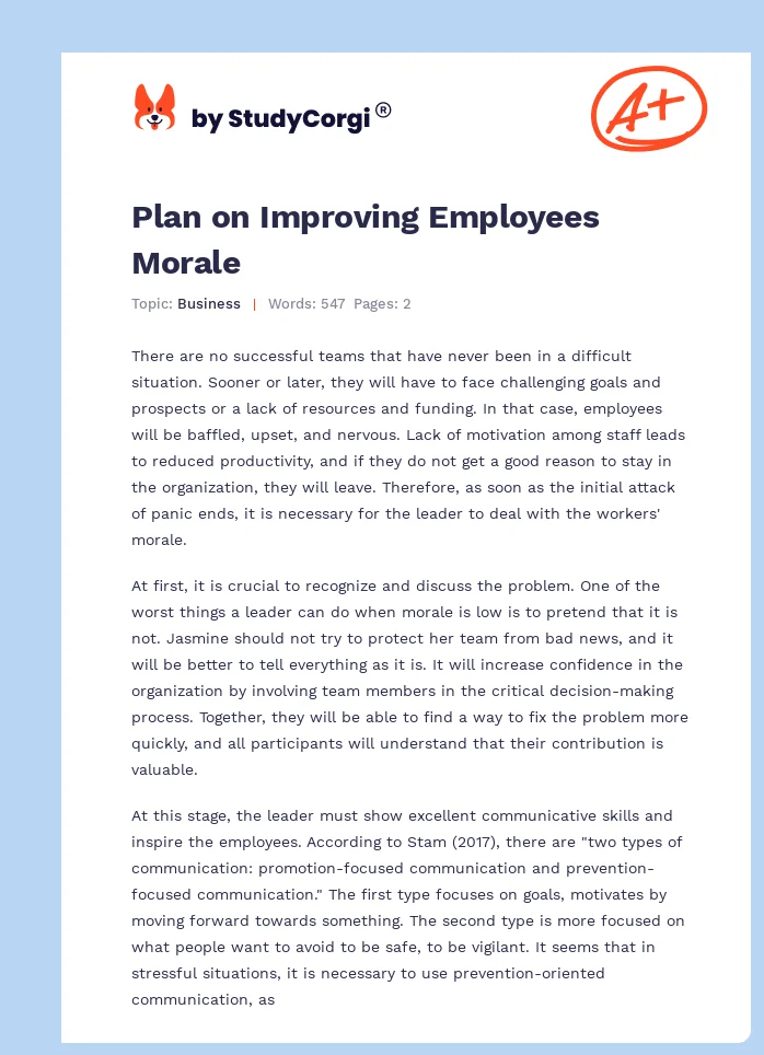 Plan on Improving Employees Morale. Page 1