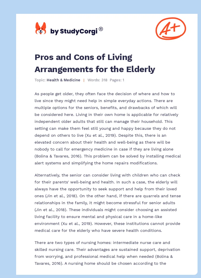 Pros and Cons of Living Arrangements for the Elderly. Page 1