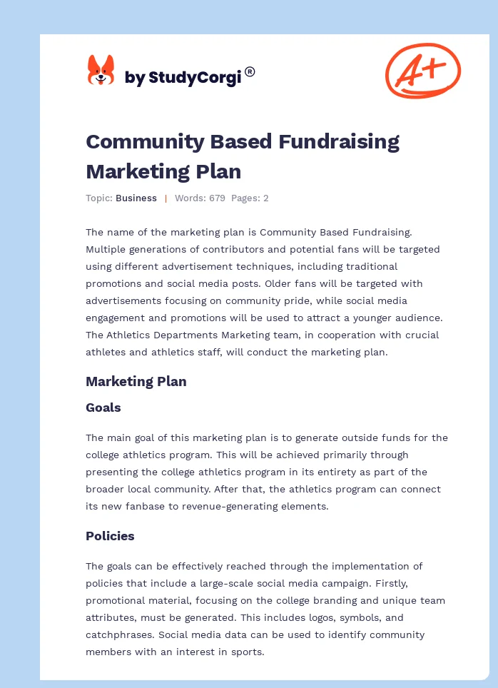 Community Based Fundraising Marketing Plan. Page 1