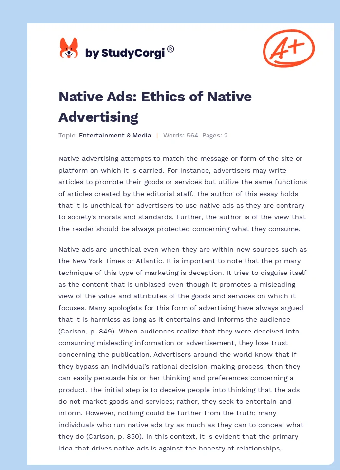 Native Ads: Ethics of Native Advertising. Page 1