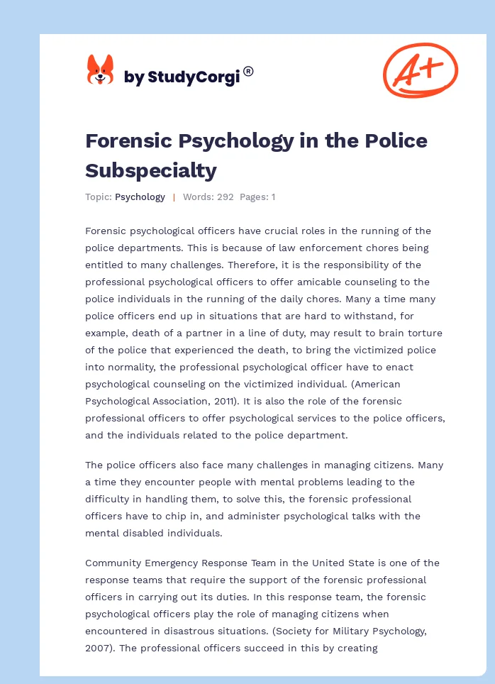 Forensic Psychology in the Police Subspecialty. Page 1