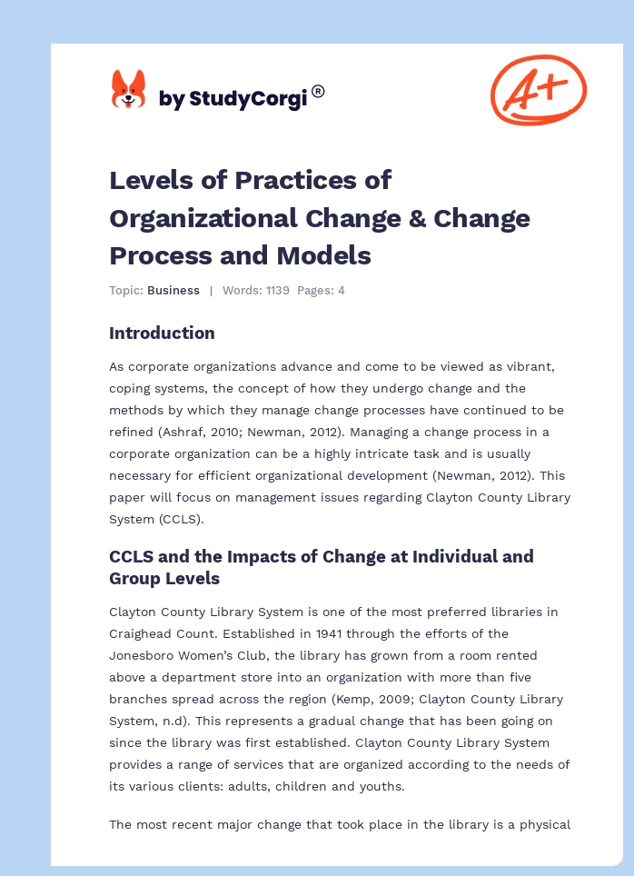 Levels of Practices of Organizational Change & Change Process and Models. Page 1