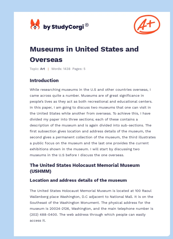 Museums in United States and Overseas. Page 1