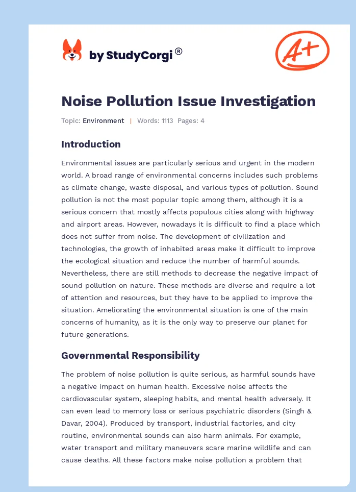Noise Pollution Issue Investigation. Page 1