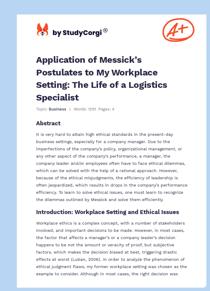 Application of Messick’s Postulates to My Workplace Setting: The Life of a Logistics Specialist. Page 1