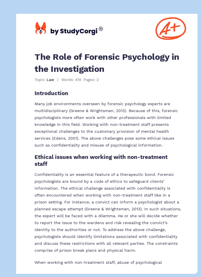 The Role of Forensic Psychology in the Investigation. Page 1