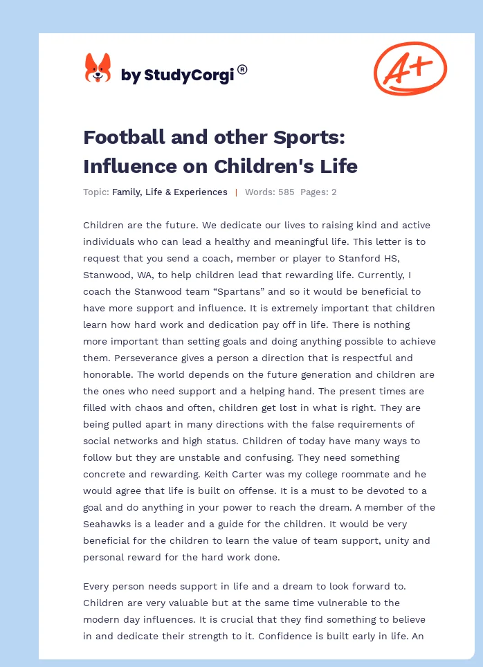 Football and other Sports: Influence on Children's Life. Page 1