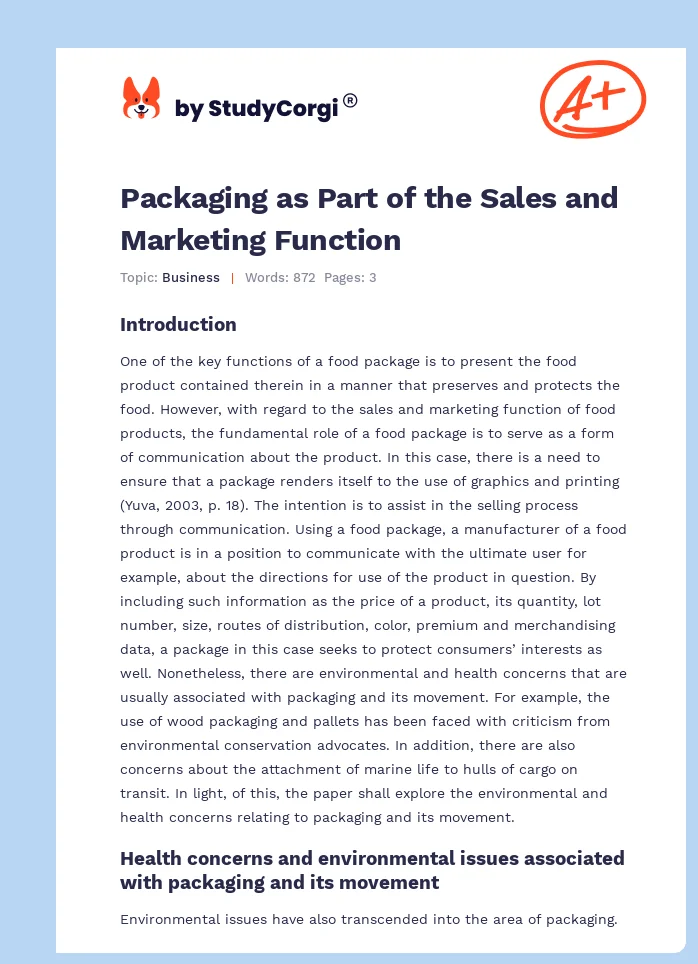 Packaging as Part of the Sales and Marketing Function. Page 1