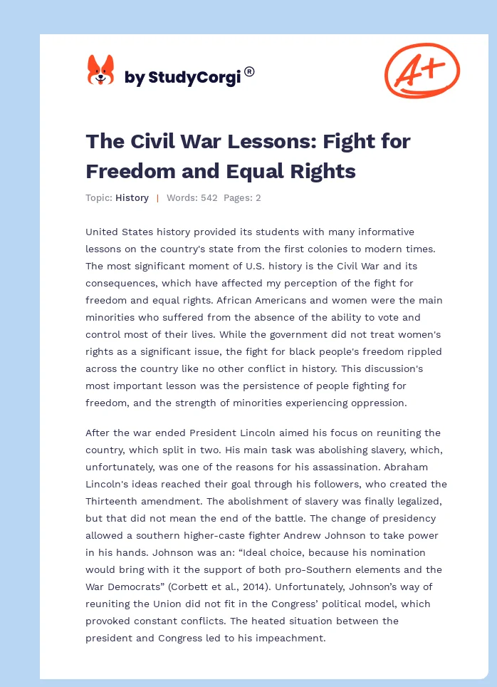 The Civil War Lessons: Fight for Freedom and Equal Rights. Page 1