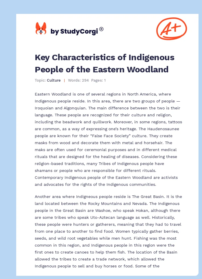 Key Characteristics of Indigenous People of the Eastern Woodland. Page 1