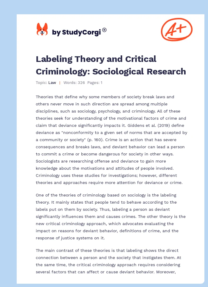 Labeling Theory and Critical Criminology: Sociological Research. Page 1