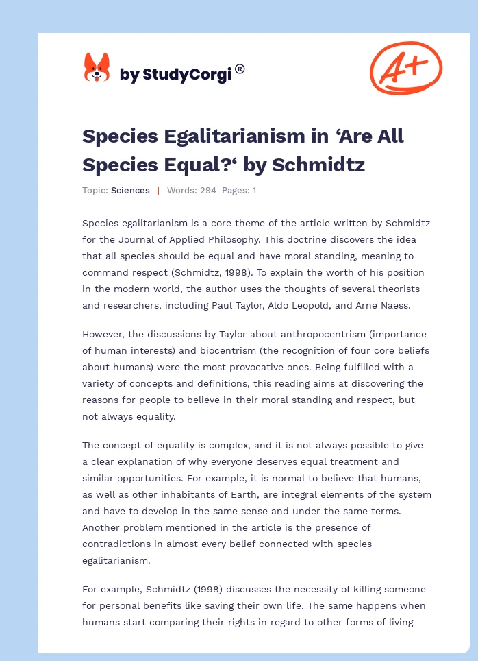 Species Egalitarianism in ‘Are All Species Equal?‘ by Schmidtz. Page 1