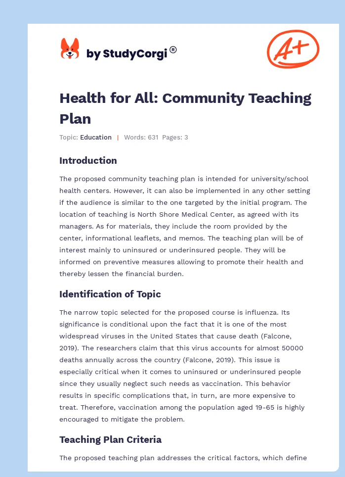 Health for All: Community Teaching Plan. Page 1