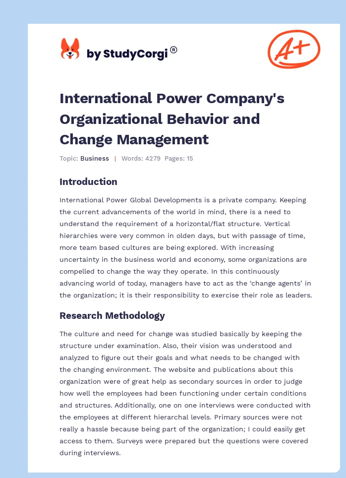 International Power Company's Organizational Behavior and Change Management. Page 1