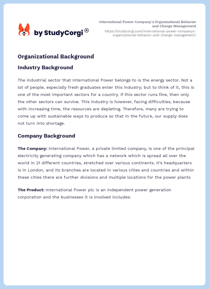 International Power Company's Organizational Behavior and Change Management. Page 2