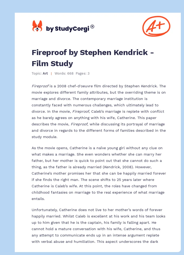 Fireproof by Stephen Kendrick - Film Study. Page 1