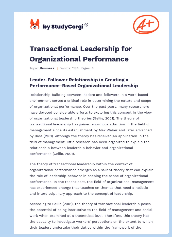 Transactional Leadership for Organizational Performance. Page 1