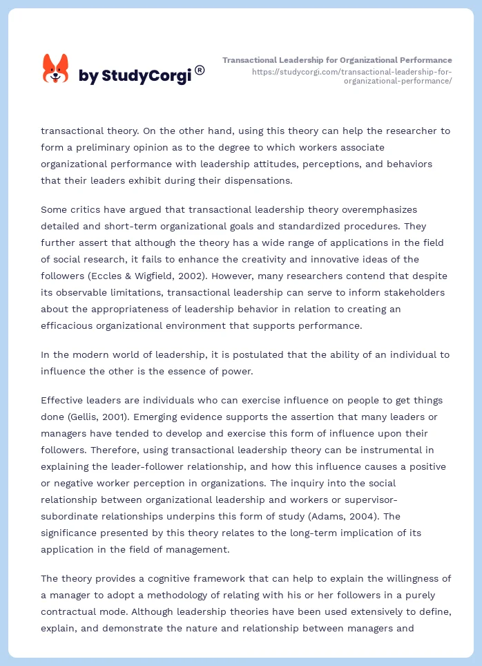 Transactional Leadership for Organizational Performance. Page 2