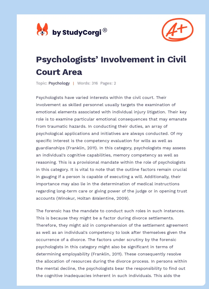 Psychologists’ Involvement in Civil Court Area. Page 1