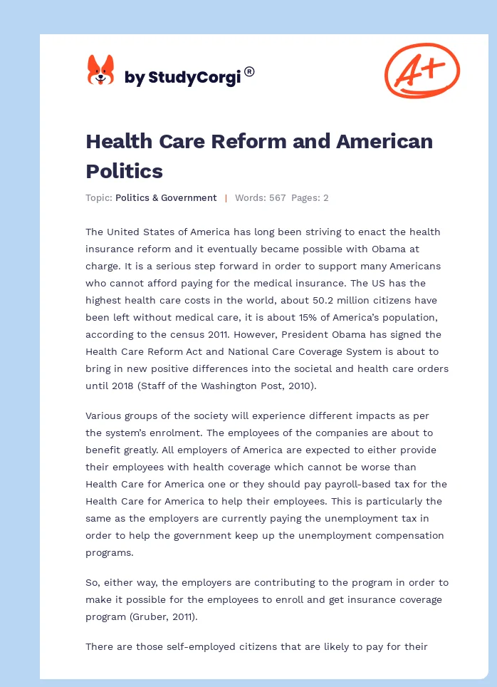 Health Care Reform and American Politics. Page 1