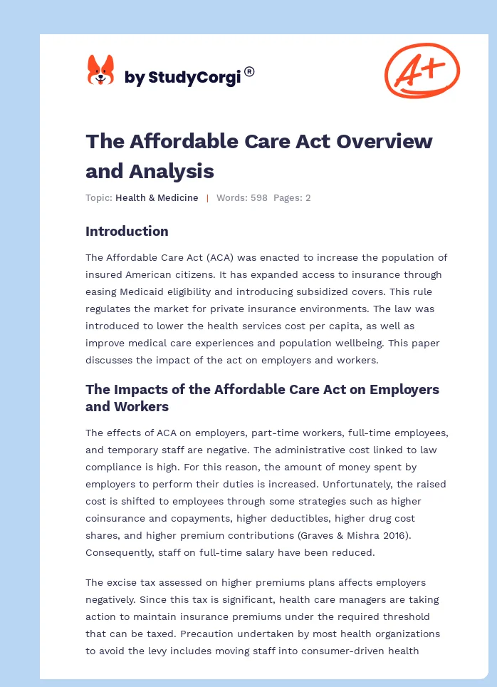The Affordable Care Act Overview and Analysis. Page 1